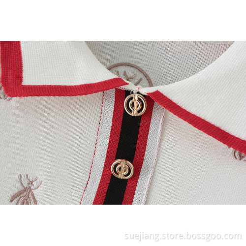 New Bee Pattern Embroidered Short Sleeve Knitted Lapel
